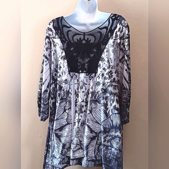 Boho Flowy Tunic Top Surplice Lace 2X Black White Business Casual Plus - Picture 2 of 11